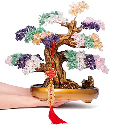 Natural Chakra Gemstone Crystal Bonsai Tree of Life Large Feng Shui Money Tree for Luck and Wealth Desk Decoration(1,251 Gem Count) - color: Mix Chakra Gemstones