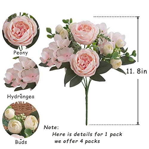 4 Bunches Artificial Flowers Pink Peonies for Decoration Silk Flowers Fake Roses Arrangements Plastic Table Centerpiece Faux Flores for Home Vase Living Room Decor - color: Peach Pink