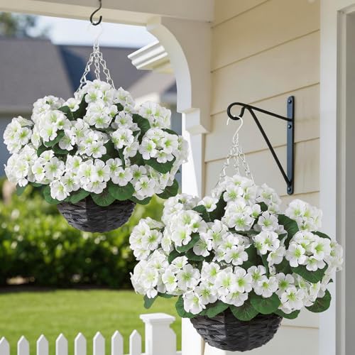 GLIDLION 2 Set Artificial Geraniums Flowers with Hanging Baskets for Outdoors - Sun Resistant Silk with Geranium Flowers, Fake Hanging Planters for Front Porch Garden Patio Home Decor (White) - color: White
