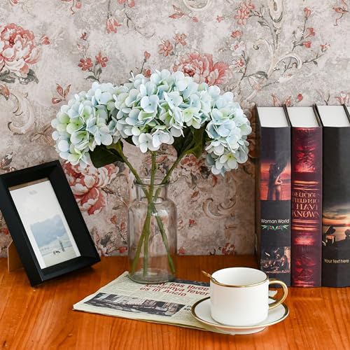 Mandy's 3 Stems Light Blue Artificial Hydrangea Flowers | 13.7 Inch Realistic Silk Bouquet for Centerpieces Easter Wedding & Home Decor