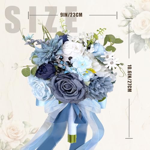 9 Inch Dusty Blue White Wedding Bouquets for Bride Bridesmaid, Artificial Fake Roses Flowers Navy Blue White Bridal Bouquet Fall Boho Vintage Rustic Wedding Decoration Prom Toss Bouquet - color: Dusty Blue White