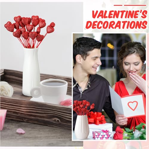 24 Pcs Glitter Foam Hearts Sticks Foam Heart Picks Sparkly Hearts Stems Puffy Heart Wooden Picks for Wedding Decorations Flower Arrangements Crafts (Red) - color: Red, size: 24 Pcs