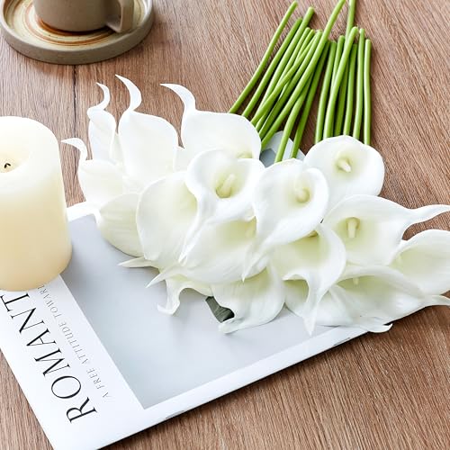 Artificial Calla Lily 12Pcs White Real Touch Faux Flowers for Wedding Bouquet, Bride Bridal Shower, Spring Home Kitchen Table Decor, Fake Lilies for Centerpieces, Party Decorations - color: A - Pure White
