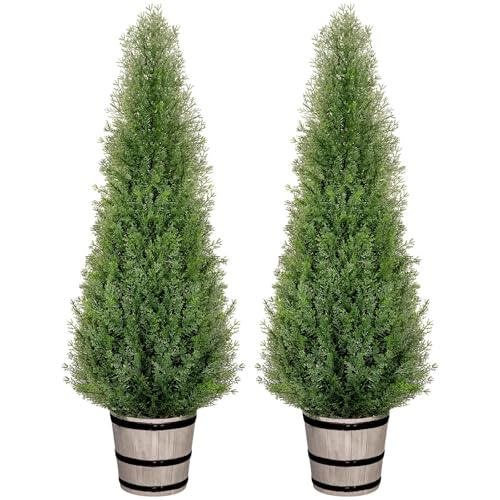 Artificial Cedar Trees 4FT Faux Cedar Topiary Evergreen Plants Outdoor Indoor Fake Cypress Pine Trees with Barrel Planter for Front Porch Entryway Patio Garden Home Decor Set of 2 - size: 4ft
