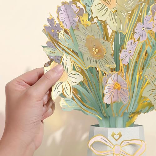 Lovepop Gilded Daffodil Luxe Bouquet - 3D Pop Up Paper Daffodil Bouquet for Mom, Sister, Friend, Her (Birthday, Mother's Day, Easter, Thank You) 12" - Blank Notecard & Envelope Included - color: Gilded Daffodil Luxe Bouquet