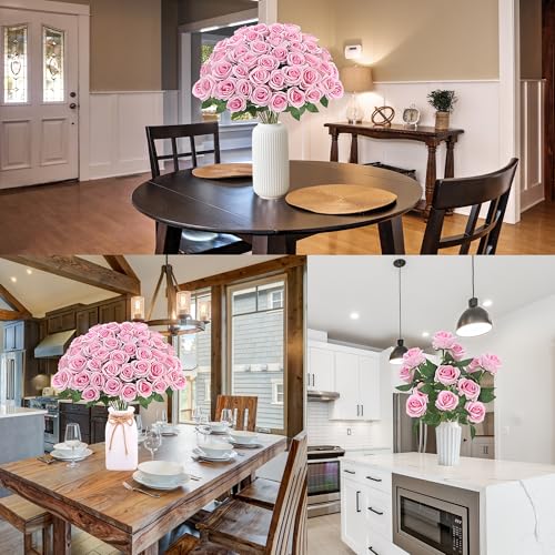 Sggvecsy 50 Pcs Artificial Roses Fake Flowers Velvet Silk Roses with Stems Bulk Realistic Faux Flowers for Bridal Bouquets Wedding Centerpieces Valentines Day DIY Home Party Decor (Pink) - color: Pink