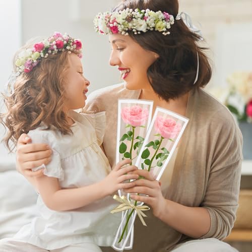 Mauproy 100Pcs Single Rose Sleeves with White Edges, Single Flower Bags with Ribbons Plastic Flower Wrap for Graduation, Flower Bars, Florist Supplies - color: White Edges