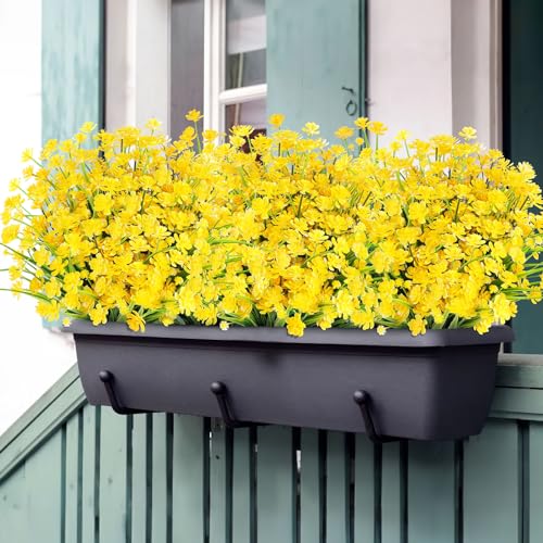 AGIRL 24 Bundles Artificial Flowers for Outdoor,UV Resistant No Fade Fake Plastic Flowers Faux Plants for Hanging Planters Decoration Indoor Outside Garden Porch Window Box Home Wedding Farmhouse - color: Yellow, size: 24