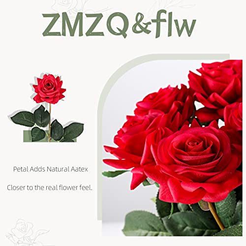 ZMZQ&flw Red Roses Artificial Flowers 12PCS, Real Touch Silk Flowers, Realistic Single Fake Flower with Stems Leaves - color: Red 12pcs