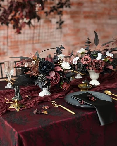 Ling's moment Fake Flowers Box, Faux Artificial Greenery Stems Foam Roses Dahlia Silk Maple Leaf Fabic Flower for Centerpieces Bouquet Wedding Vase Floral Decorations, Burgundy & Black, Mini Combo - color: Burgundy & Black