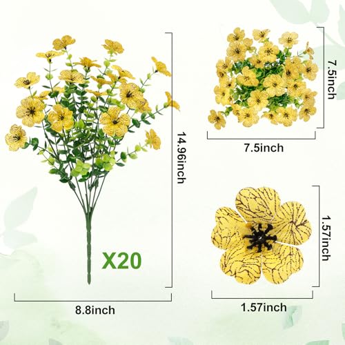 20 Bundles Artificial Flowers for Outdoors Decoration Fake Silk Flowers UV Resistant Faux Plants Artificial Daisy Eucalyptus for Spring Summer Garden Yard Porch Window Home Decor, Yellow - color: Yellow