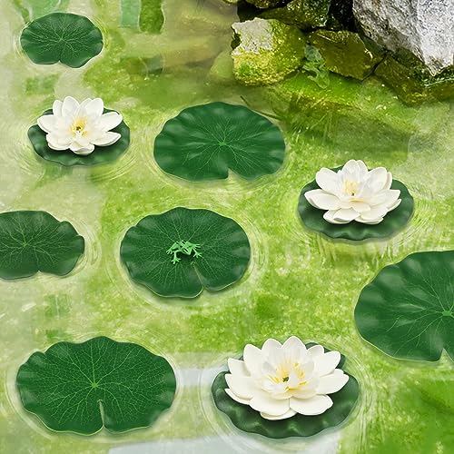 10pcs Artificial Floating Foam Lotus Flowers with Artificial Frog Lotus Leaves, Lily Pads for Lake, Pond Plants Ornaments for Pool Aquarium Water Decoration, White - color: White