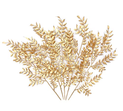 Fake Plants Leaves Christmas Decoration, PASYOU Gold Artificial Shrubs Grass Foliage Plastic Bulk Leaf Indoor Outdoor Home Garden Party Hotel Verandah Wedding Event Faux Decor Ornaments, Golden 5 Pack - color: Gold Foliage - 5 Pack