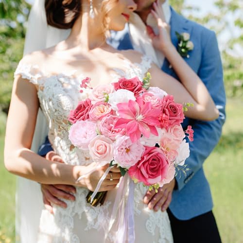 Floweroyal Artificial Flowers Fake Rose Flowers Dahlia with Stems for DIY Wedding Bridal Bouquets, Baby Shower, Floral Arrangement, Table Centerpieces, Home Decorations - color: A Abby Hot Pink