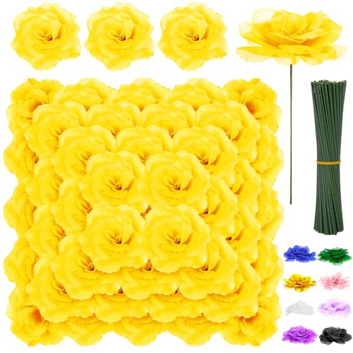 LELEE 108pcs Roses Head Flowers with Stem - Yellow Artificial Flowers Rose Bulk - Silk Rose Fake Flower for Wedding Bouquet Party Home Decor DIY Baby Shower Centerpieces Tables Decoration - color: Yellow