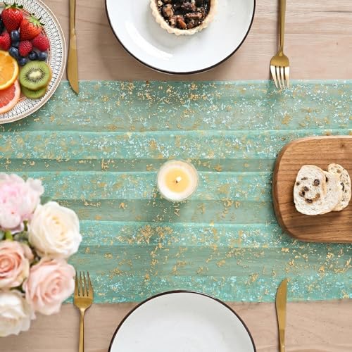 Artoid Mode Turquoise Gauze Silver Table Runner 10FT, Glitter Metallic Foil Sheer Dining Wedding Anniversary Holiday Table Decor for Home Party - color: Turquoise, size: 28" x 120"