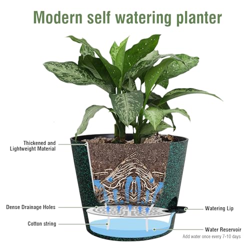 Meowell 12 inch Large Self Watering Pots for Indoor Outdoor Plants, Flower Plant Pots with Mesh Drainage Holes for Garden, Plastic Planters with Reservoir for Home Plants, Black with Green Speckles - color: Black With Green Speckles, size: 12inch A