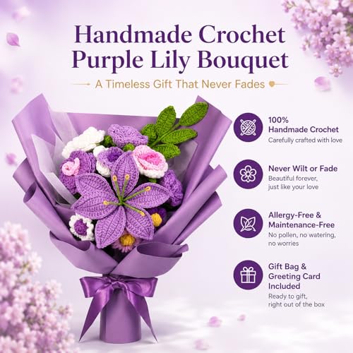 Crochet flowers Elegant purple handmade Lily flower crochet bouquet for Wife Mother Crochet Roses Flower for Mother's Day,Lover Anniversary,Birthday Gift ,Wedding Graduation Gifts home Decor(purple) - color: Purple
