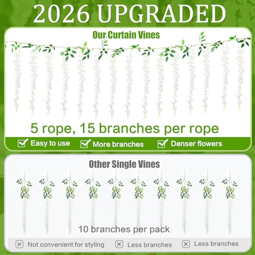 75 Branches Wisteria Hanging Flowers,5Pcs Total 30ft White Wisteria Artificial Flowers Garland Vine Silk Hanging Flowers for Wedding Party Arch Ceremony Garden Home Backdrop Decor - color: White, size: 5