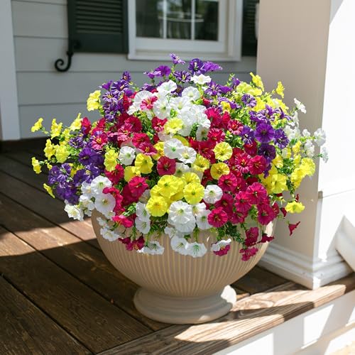 HyeFlora Artificial Flowers for Outdoors Fake Plants Outside Decoration, 12 Bundles Silk Colorful Morning Glory with Eucalyptus UV Resistant Realistic Faux Flowers for Planter Front Door Garden Yard - color: Multi Color(3 Purple, 3 Fuchsia, 3 White, 3 Yel