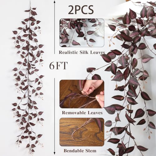 Mizii 2 Strands Artificial Vines Garland 72" Fake Vine with Silk Burgundy Leaves Faux Hanging Plants Greenery Decoration for Outdoors Indoor Room Mantle Table Centerpieces Fall Decor (Burgundy) - color: Burgundy