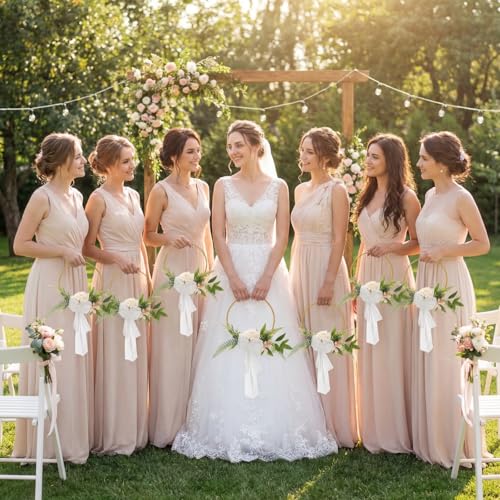 XunYee Set of 6 Bridesmaid Bouquets for Wedding 7.5 Inch Wedding Floral Hoop Wreath Artificial Flower Bouquet for Party Ceremony Anniversary Dinning Table Centerpieces Decor(Champagne,Elegance) - color: Champagne, style: Elegance