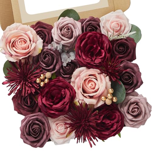 Serwalin Silk Flowers Burgundy Artificial Flower for DIY Wedding Decoration Fake Roses Pink and Red with Stems and Greenery Box Combo for Bridal Bouquet Table Centerpieces Flower for Party Baby Shower - color: A Burgundy Pink, size: 1 Box