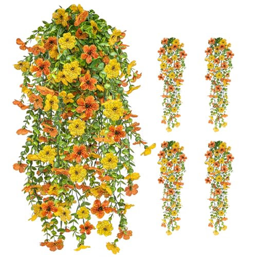 Artificial Hanging Flowers 4 Bundles UV Resistant Fake Flowers for Outdoor Decor Realistic Silk Flower Faux Plants for Patio Porch Garden Yard (Orange Yellow) - color: 4pcs Orange Yellow