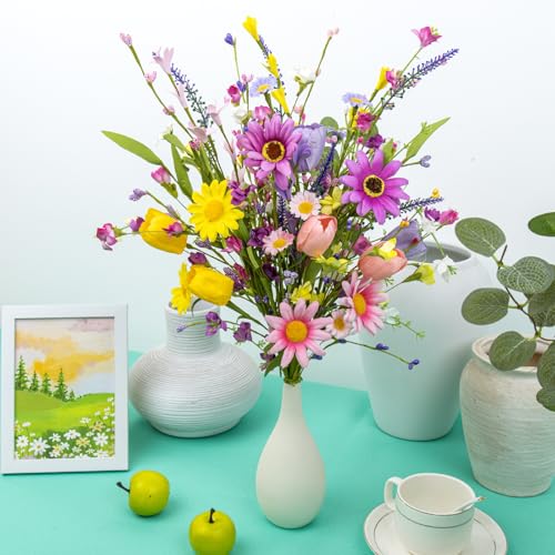 Yawwind 12 PCs Artificial Summer Flowers 17 Inches Pastoral Spring Flowers Colorful Spring Florals Stems with Wildflowers Tulips for Vase Table Centerpiece Indoors Decoration