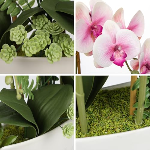 Briful Pink Orchid Artificial Flowers 18in Fake Orchid Silk Flowers with Ceramic Pot Faux Orchid Arrangement for Home Office Room Table Shelf Modern Decoration - color: Pink White