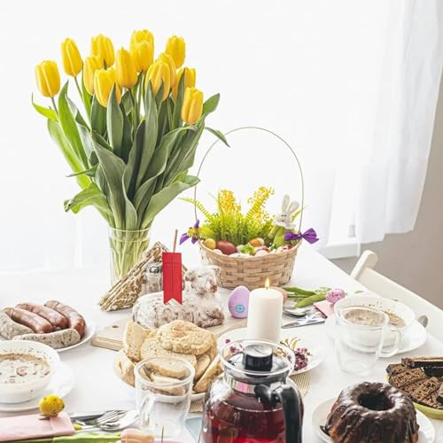 28pcs Yellow Flowers Artificial Tulip Stems Real Feel PU Tulips for Easter Spring Wreath Wedding Bouquet Centerpiece Floral Arrangement Cemetery Table Décor 13" Tall - color: Yellow