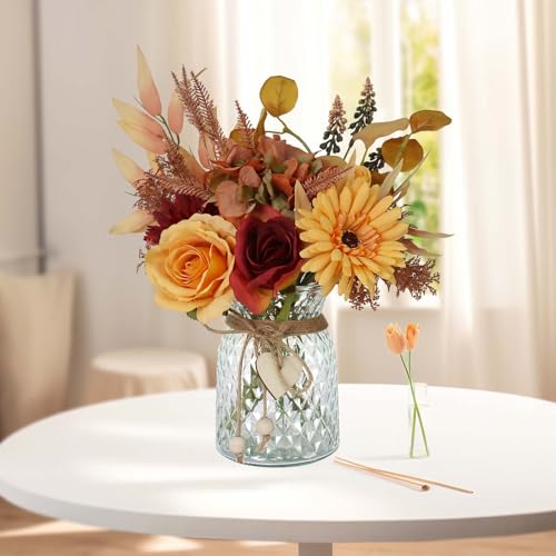 Leftover Fake Fall Flowers in Vase,Fall Flower Arrangements,Floral Arrangement,Table Decor,Centerpieces for Tables,Kitchen Decor,Coffee Table Decor - color: Fall Orange