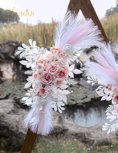 Lisuun Wedding Arch Flowers, Artificial Flowers for Decoration, Large Flower Swag for Boho Styles Wedding Ceremony Floral Decor - Pack of 2 - color: Salmon Pink&pampas White