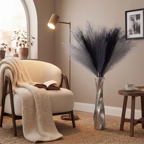 9 Pcs 43'' Faux Pampas Grass Decor, Tall Fluffy Black Gray Pampas Grass, Fake Pompas Branches, Long Feathers for Floor Vase, Boho Flower Arrangement for Home Wedding Decor - color: Black Gray