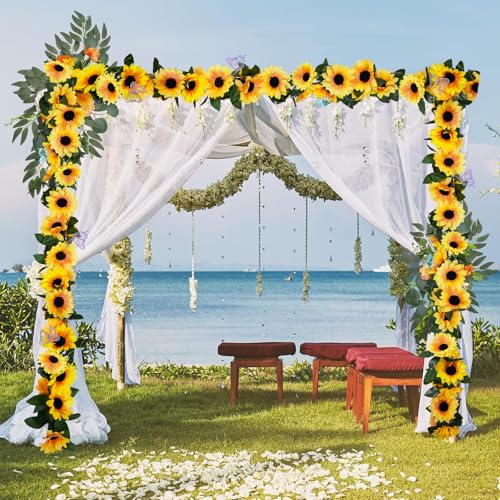 12-Pack Artificial Sunflower Garland Decor,7.5ft/Strand Fake Silk Sunflowers Hanging Vines with Green Leaves for Wedding Home Table Garden Baby Shower Birthday Kitchen Outdoor Wall Decorations - color: Sunflower, size: 12 Pack