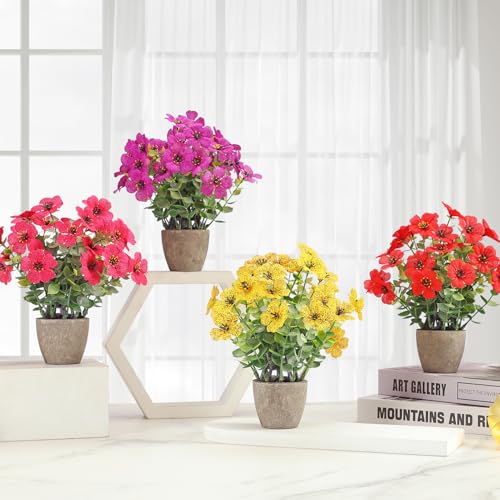 4 Pack Small Fake Plants Potted Artificial Plants Artificial Flowers Potted Faux Flower Daisy with Eucalyptus Leaves for Home Decor Office Room Farmhouse Indoor Table Bathroom Decor （Mixed） - color: 4 Mixed Colors