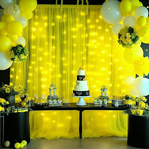 Yellow Tulle Backdrop Curtains with Lights String for Birthday Party Photoshoot 10ft × 8ft Sheer Backdrop Curtains for Baby Shower Wedding Background Decorations 2 Panels 5×8ft - color: Yellow, size: 10 ft X 8 ft(2 Panels 5ft X 8ft)