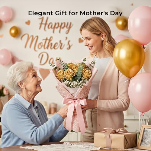 Auihiay 14PCS Gold Artificial Roses, Silk Rose Bouquet with Long Stems for Father's Day, Valentine's Day, Anniversary, Cake Decor, Valentine's Day & Home Decoration - color: Gold