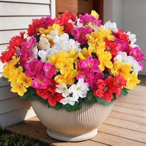 16 Bundles Artificial Flowers for Front Door, Fake Silk Azalea Bouquet Silk Flowers for Outside UV Resistant Realistic Faux Plants for Planter Farmhouse Patio Garden Walkways Home Decor (Mixed Color) - color: Mixed Color