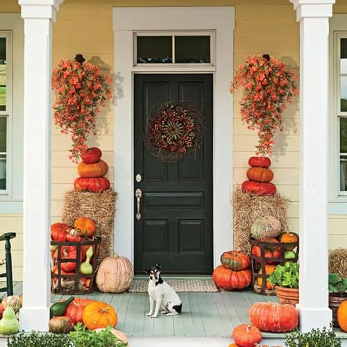SJL Fall Faux Hanging Plants Artificial Fall Hanging Flowers Artificial Outdoor UV Resistant Fake Vine Plant Faux Greenery Plastic Plants 3Pcs for Farmhouse Thanksgiving Patio Party Decor (Salmon) - color: Hanging Salmon Rose