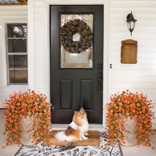 Fake Mums Artificial Fall Hanging Flowers for Outdoors Decoration 2 PCS Faux Mums for Outdoor Planters Fake Plants Look Real Daisy Flower No Fade Autumn Decor for Porch Home Patio Balcony and Yard - color: Orange Sunset