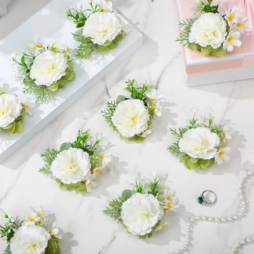 Sherr 12 Pcs White Wrist Corsage with Ribbon Wedding Wrist Flower Artificial Carnation Silk Wristband Decor for Wedding Bridal Bridesmaid Women Flower Tea Party Prom Homecoming Accessories
