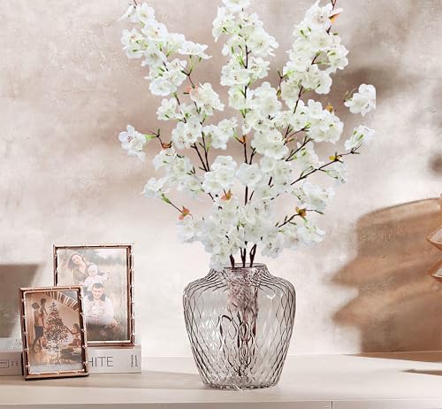 3PCS Artificial Cherry Blossom Flowers Branches 42" Long Stem White Silk Cherry Blossom Tree Faux Cherry Blossom Tall Fake Flower Arrangement for Spring Summer Wedding Indoor Outdoor Decor
