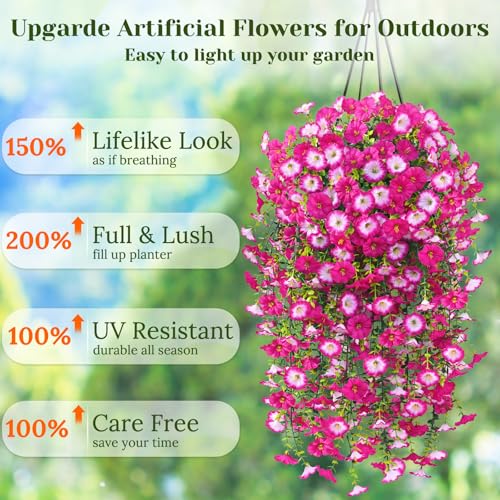Dolicer 2 Packs Look Real Artificial Flowers for Outdoors, Fake Artificial Hanging Flowers for Outdoors Realistic UV Resistant Hanging Flowers Silk Petunia Faux Flowers for Porch Patio(Mixed Fuchsia) - color: Mixed Fuchsia, size: 2 packs