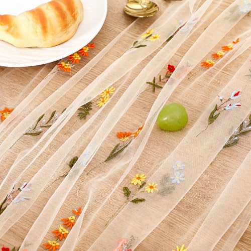 Boao 1 Wildflower Table Runner Embroidery Tulle Spring Summer Table Runner 120 Inch 10 ft Kitchen Dining Decoration for Wedding Baby Shower Bridal Shower Home Decor Birthday Party (Champagne) - color: Champagne, size: Wildflower