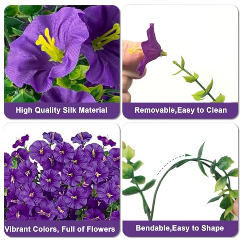 Artificial Flowers for Outdoors, 6-Pack 420 Blooms UV Resistant Hanging Morning Glory Silk Flowers Vines, Realistic Fake Plants Outside Decroation for Porch Patio Balcony Yard Garden (Purple) - color: Purple