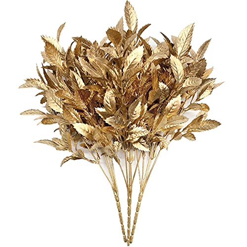 CATTREE Christmas Artificial Plants, Plastic Leaves Fake Grass Faux Shrubs Bushes for Home Indoor Outdoor Garden Leaf Wedding Festival Decoration Hall Table Golden Planter Filler - Gold 3 Pack - color: Gold Leaves - 3 Pcs