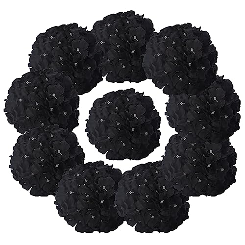 10PCS Silk Hydrangea Heads with Stems Artificial Flowers for Wedding Party Home Decor (Black) - color: Black