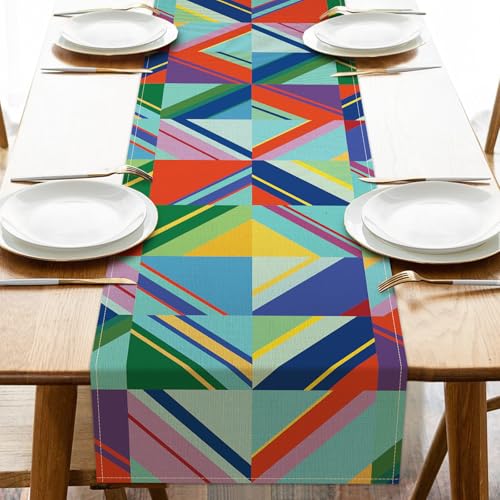 Colorful Geometric Dining Table Runner, Multicolor Triangle Abstract Modern Art Burlap Kitchen Decoration, Minimalism Indoor Outdoor Home Decor Party Supply 13 x 72 Inches - color: Colorful Geometric, size: Table Runner 13''X72''