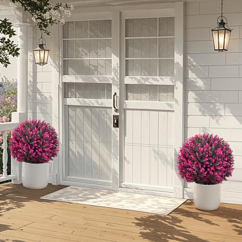 24" Artificial Pink Eucalyptus Topiary Ball Tree Set of 2, UV Resistant Fade-Proof Faux Evergreen Shrubs, Realistic Fake Plant for Indoor Outdoor Garden Patio Front Porch Landscaping - color: Pink Eucalyptus